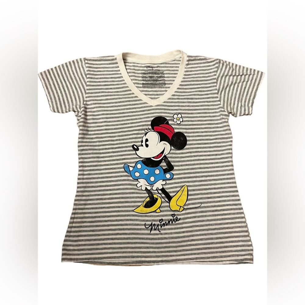 Disney's Minnie Mouse Women's Grey and White Striped Cotton Tee SZ M